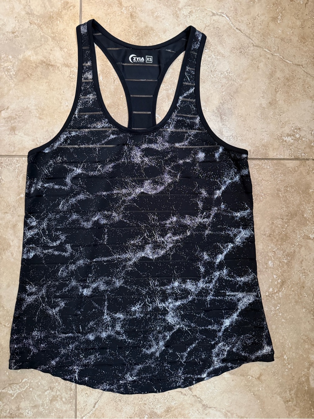 ZYIA Black Marble-Print Racerback Havana Tank Top